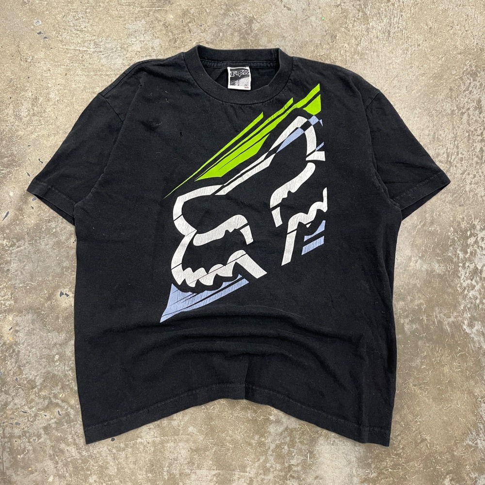 Fox Racing Mens YXL Black Graphic T-Shirt Motocross Logo Y2K Short Sleeve